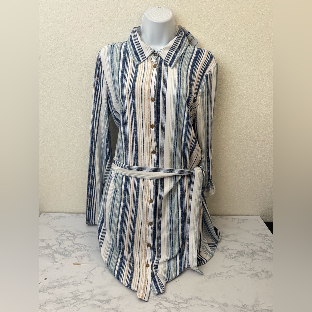 Ultra Flirt Dress Womens Blue Long Sleeve Button Down Belt Shirt Dress XL NWT